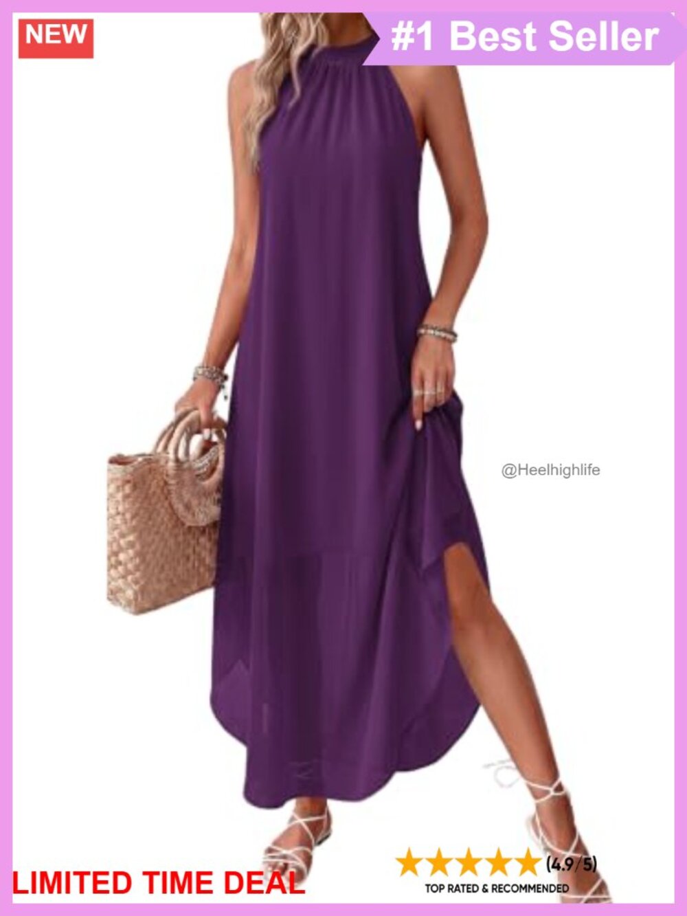 Womens Flowy Halter Maxi Dress Sleeveless Button Back Summer Beach Casual